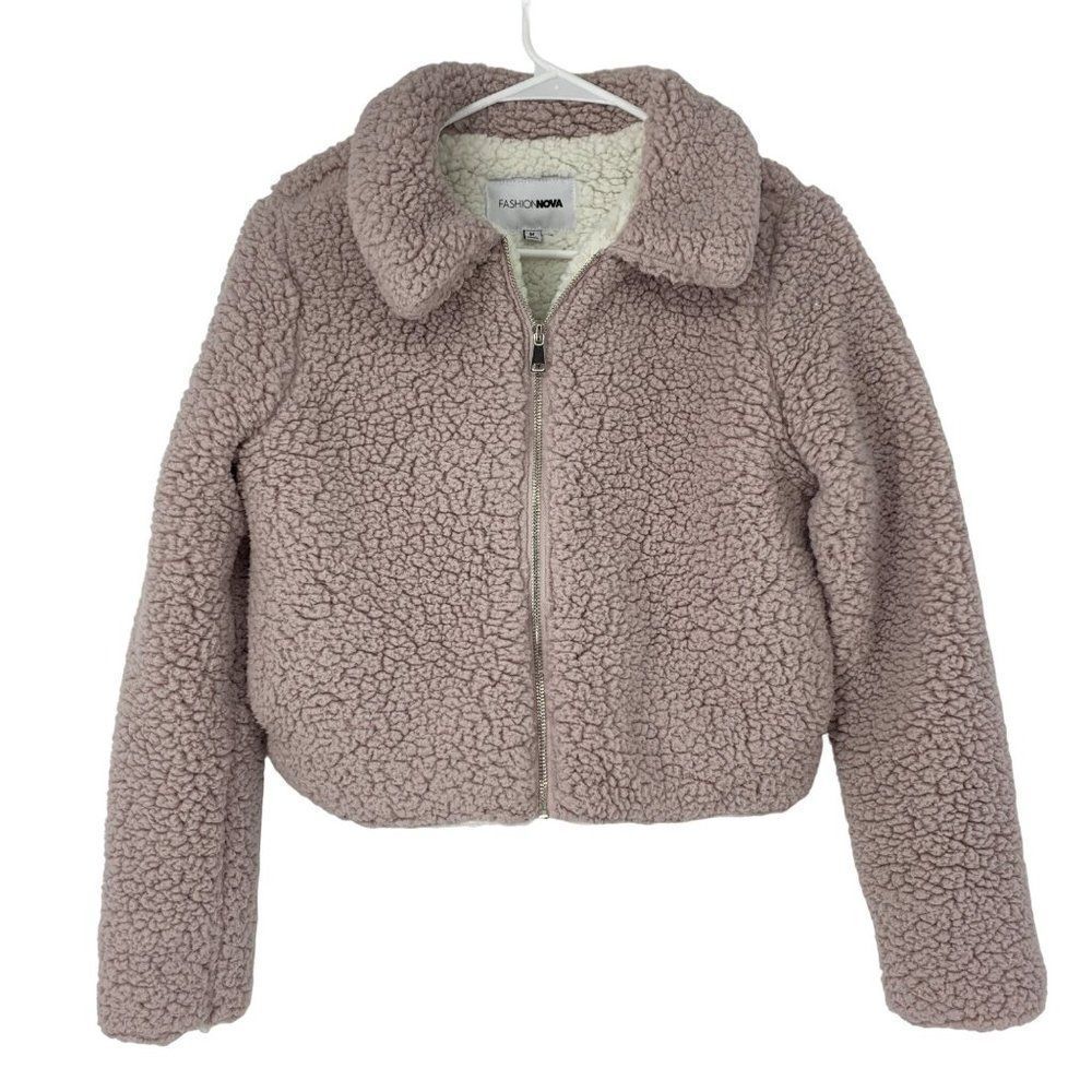 FASHION NOVA Pink Blush Sherpa Teddy zip up jacket size Medium GUC 3727 Lined